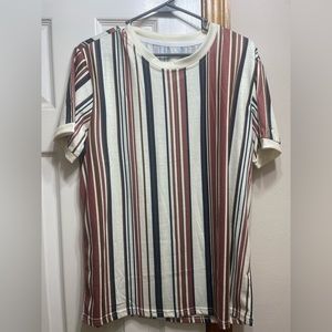 Tan Shirt with Black, brown, rust brown & dark olive stripes